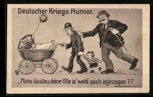 Künstler-AK Willi Scheuermann: Mann mit Kinderwagen wird verspottet