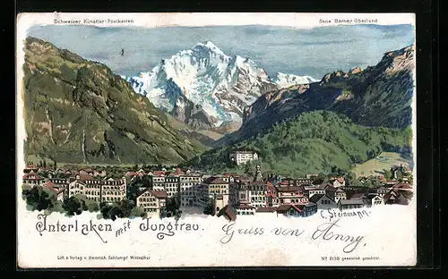 Künstler-AK C. Steinmann Nr. 2138: Interlaken, Ortsansicht mit Jungfrau