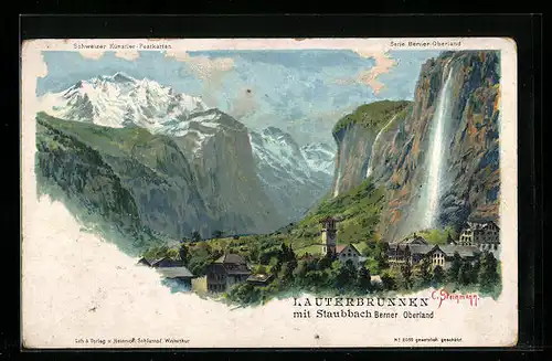 Künstler-AK C. Steinmann Nr. 2050: Lauterbrunnen mit Staubbach im Berner Oberland, Blick zum Wasserfall