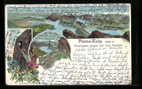 Künstler-AK C. Steinmann Nr. 2001: Pilatus-Kulm, Panorama mit Bergbahn