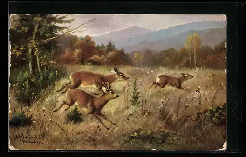 Künstler-AK Alfred Schönian: Rehe flüchten aus dem Wald