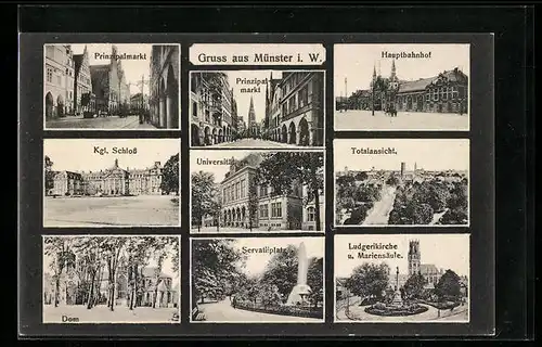 AK Münster i. W., Prinzipalmarkt, Hauptbahnhof, Universität, Dom