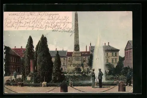 AK Worms, Ludwigsplatz mit Obelisk und Springbrunnen