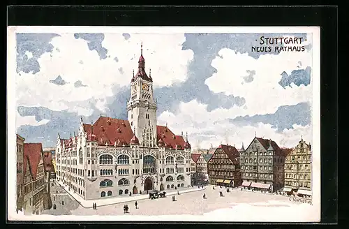 Künstler-AK Stuttgart, Neues Rathaus aus der Vogelschau