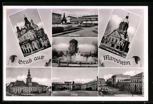 AK Mannheim, Paradeplatz, Hauptbahnhof, Jesuitenkirche