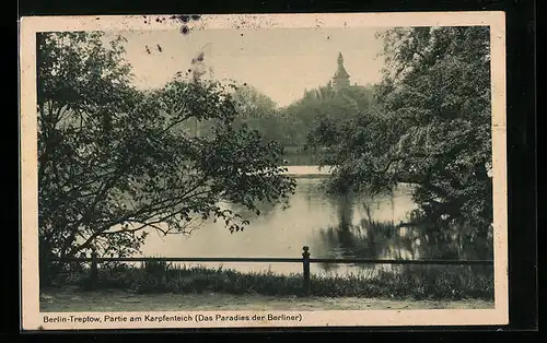 AK Berlin-Treptow, Karpfenteich mit Kirchturmspitze