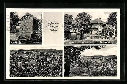 AK Hardegsen /Solling, Gesamtansicht, Badeanstalt, Burg Hardeck