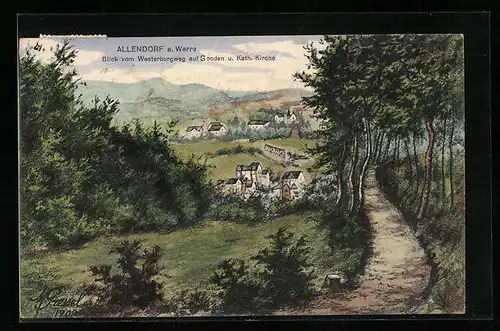 Künstler-AK Allendorf a. Werra, Blick vom Westerburgweg auf Sooden u. kath. Kirche