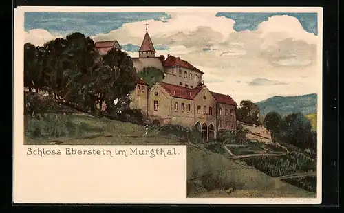 Lithographie Eberstein /Murgtal, Schloss Eberstein im Murgthal