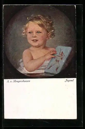 Künstler-AK sign. A. v. Mengershausen: Jugend, kleiner Blondschopf mit Soldatenbuch