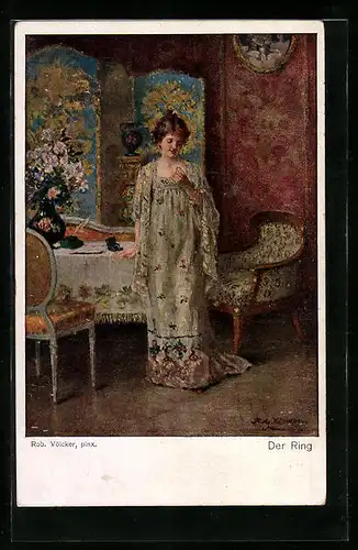 Künstler-AK Erpaco-Kunstverlag Nr. 202, elegante Dame betrachtet einen Ring