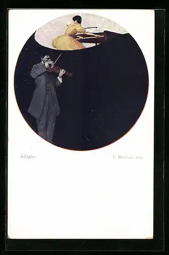 Künstler-AK sign. L. Widlizka: Adagio, Frau im gelben Kleid am Klavier wird von Mann mit Geige begleitet