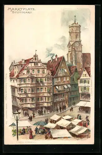 Lithographie Stuttgart, Marktplatz mit Ständen aus der Vogelschau