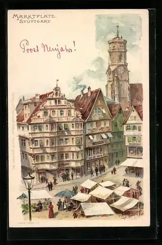 Lithographie Stuttgart, Marktplatz mit Ständen aus der Vogelschau