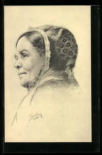 Künstler-AK sign. R. Zickner: Dame mit Haube, Studien-Köpfe Serie No. 402