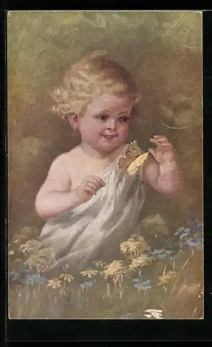 Künstler-AK Schmetterling, Kleiner Blondschopf und Falter