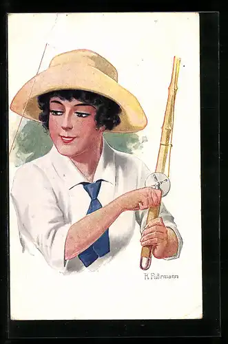 Künstler-AK sign. R. Fuhrmann: Frau mit Hut beim Angeln