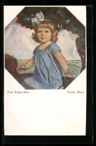 Künstler-AK sign. Prof. Walter Illner: Christa Maria im blauen Kleid mit Schleife im Haar