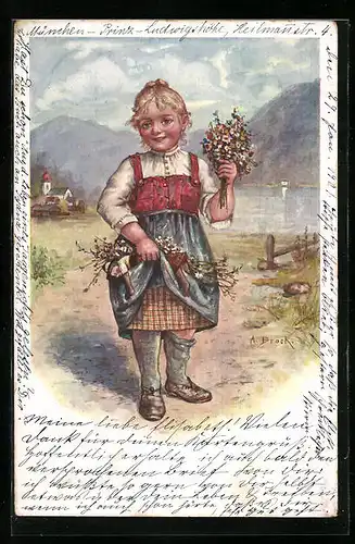 Künstler-AK sign. A. Brock: Mädchen in Tracht mit Blumen und Puppe