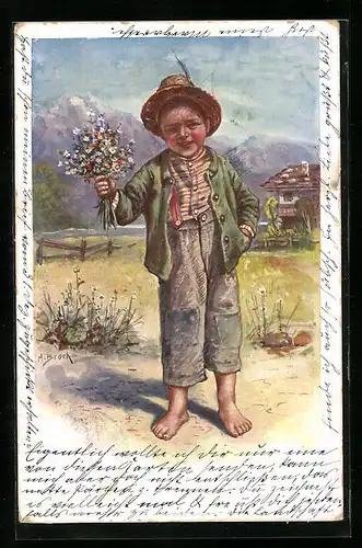 Künstler-AK sign. A. Brack: Bub in zerschlissener Hose mit Blumenstrauss