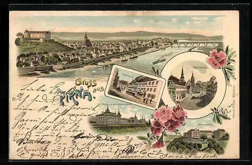 Lithographie Pirna, Kaserne der Feldartillerie, Obermarkt, Sonnenstein