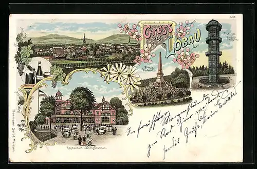 Lithographie Löbau, Restaurant Honigbrunnen, Friedrich August Thurm, Totalansicht