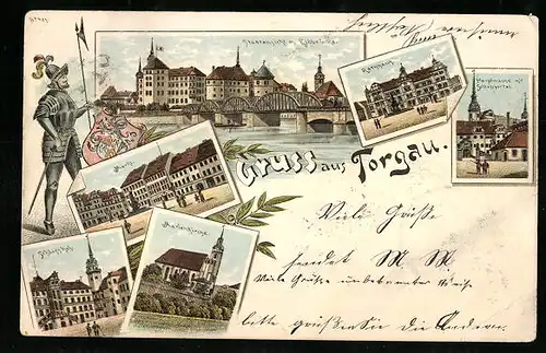 Lithographie Torgau, Rathaus, Markt, Marienkirche, Schlosshof