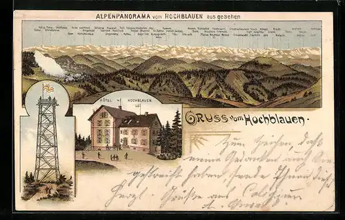 Lithographie Hochblauen, Alpenpanorama mit Hotel Hochblauen