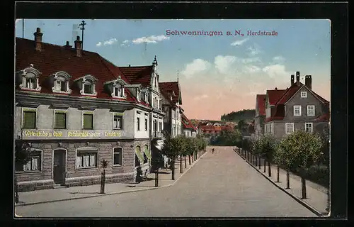 AK Schwenningen a. N., Herdstrasse mit Weinstube und Café Reinhard Schlenker