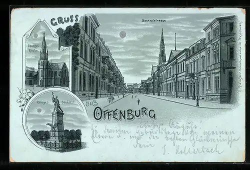 Lithographie Offenburg, Bahnhofstrasse, Evangel. Kirche, Kriegerdenkmal