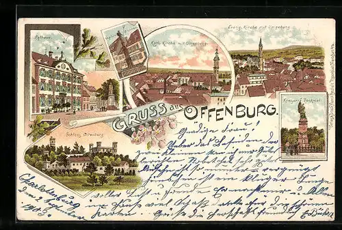 Lithographie Offenburg, Kath. Kirche, Rathaus, Evang. Kirche, Schloss Ortenberg