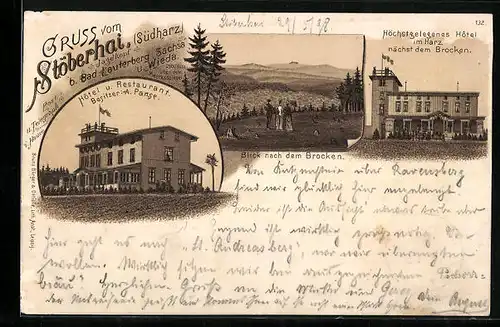 Lithographie Wieda, Gasthaus Stöberhai, Bes.: A. Panse, Blick nach dem Brocken