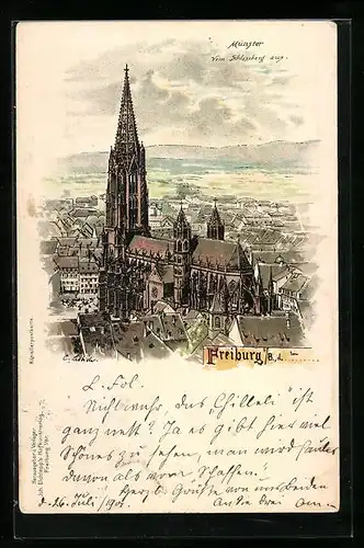 Lithographie Freiburg i. B., Münster vom Schlossberg aus