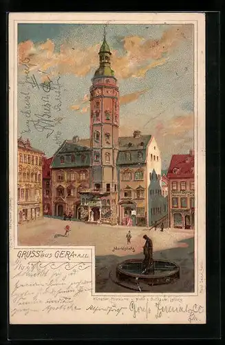 Lithographie Gera, Marktplatz mit Brunnen
