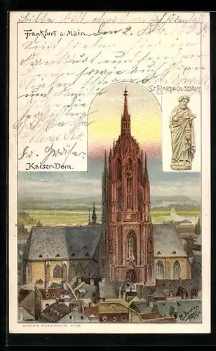 Lithographie Alt-Frankfurt, Kaiser-Dom im Stadtbild, St. Bartholomäus