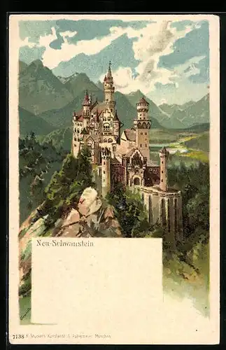 Lithographie Schwangau, Schloss Neuschwanstein aus der Vogelschau