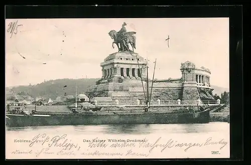 AK Koblenz, Kaiser Wilhelm-Denkmal mit Frachtschiff