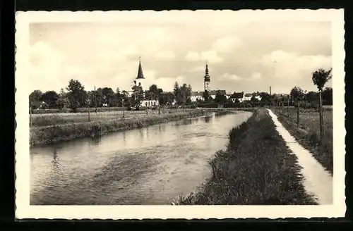 AK Littau, Fluss mit Treidelpfad und Ortsblick