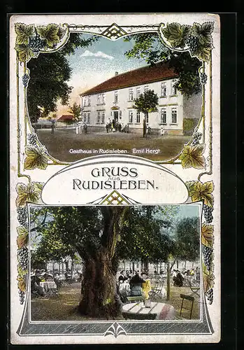 AK Rudisleben, Gasthaus von Emil Hergt mit Garten