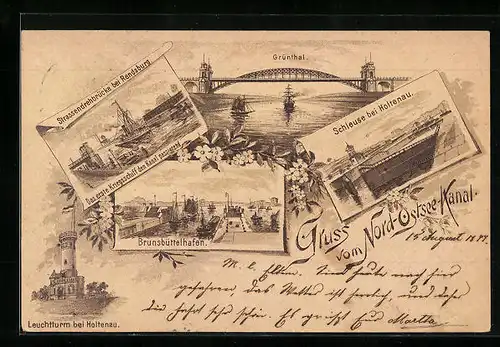 Lithographie Holtenau, 1896, Leuchtturm, Schleuse, Brunsbüttelhafen, Nord-Ostsee-Kanal