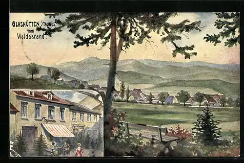 Künstler-AK Glashütten / Taunus, Gasthaus zur Krone, Ortsansicht vom Waldesrand