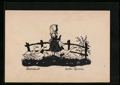 Künstler-AK Gänseliesel mit Kopftuch, Scherenschnitt
