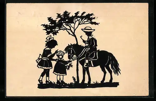 Künstler-AK Drei Kinder mit einem Pony, Scherenschnitt
