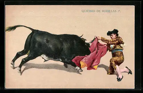 Künstler-AK Quiebro de Rodillas, Szene aus einem Stierkampf