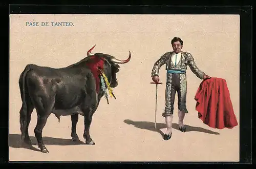 Künstler-AK Pase de Tanteo, Matador mit Stier