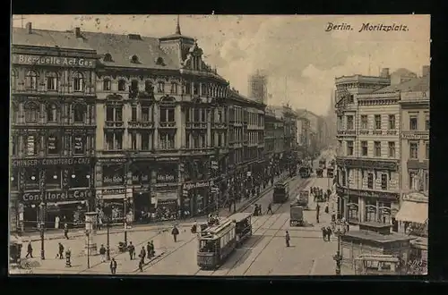 AK Berlin-Kreuzberg, Moritzplatz mit Strassenbahnen