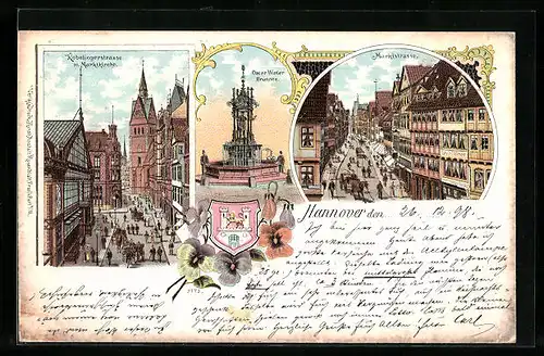 Lithographie Hannover, Kobelingerstrasse mit Marktkirche, Oscar Winter Brunnen, Marktstrasse