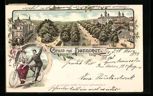 Lithographie Hannover, Herrnhäuser-Allee mit Pferdebahn, Paar auf einem Tandem