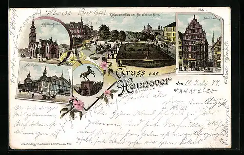 Lithographie Hannover, Königswortherplatz und Herrenhäuser-Allee, Leibnitzhaus, Markthalle