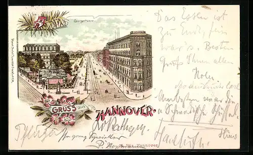 Lithographie Hannover, Georgenstrasse aus der Vogelschau